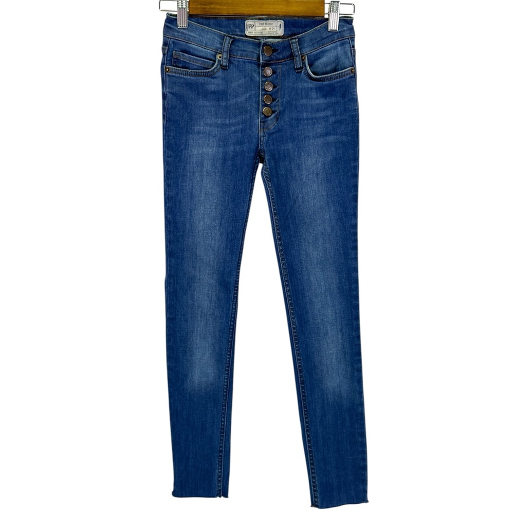Free People Women's Skinny Low Rise Raw Hem Button Fly Denim Jeans Size 24